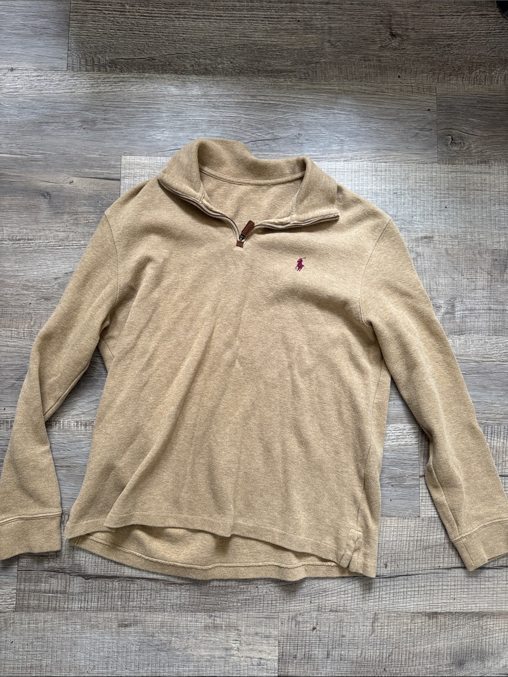 Ralph Lauren Tan Quarter-Zip Sweater with Pink Pony